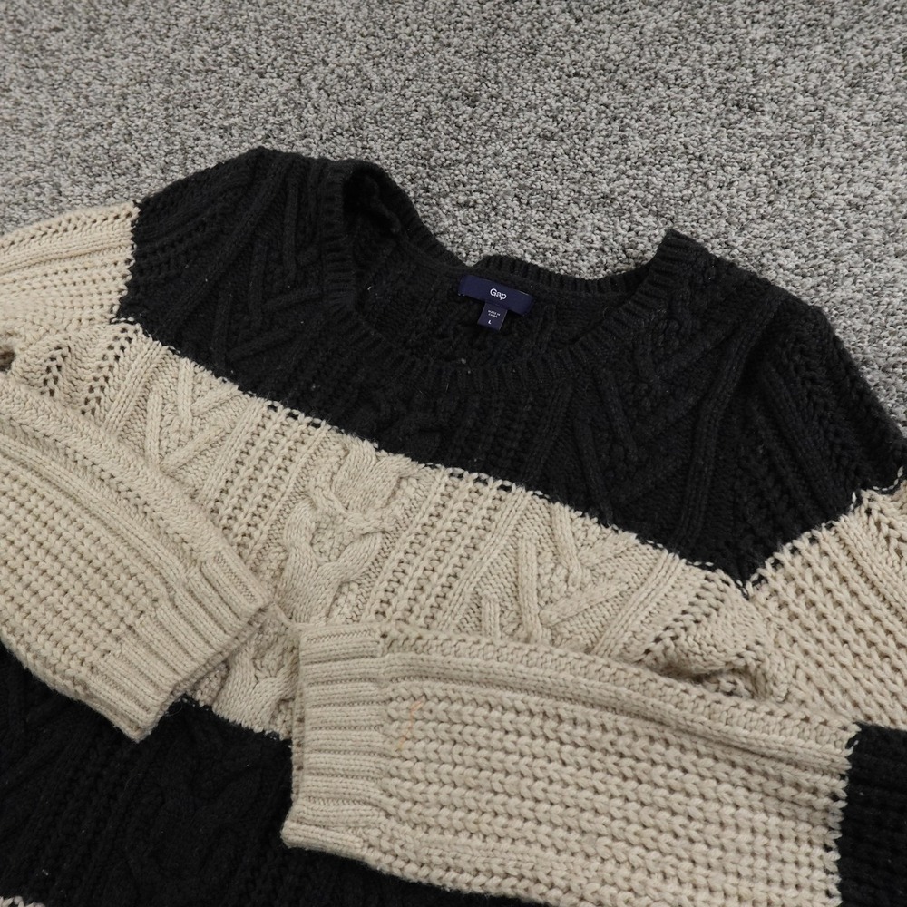Gap Sweater Womens L Black Beige Stripe Wool Chunky Cable Knit Crewneck Pullover